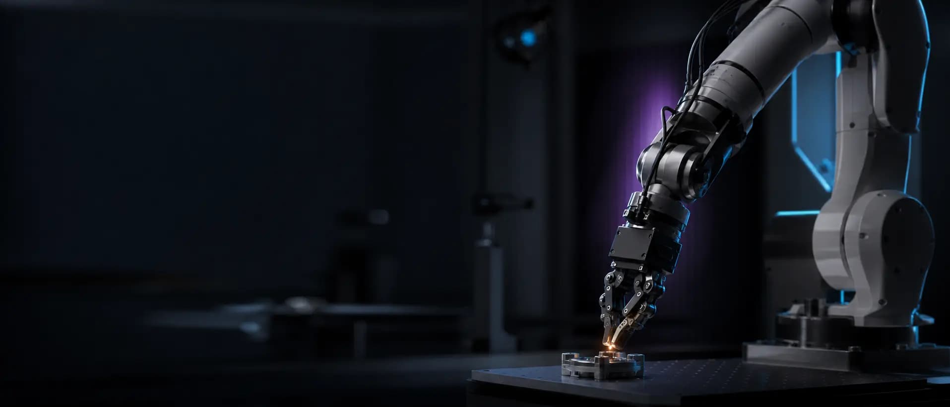 An advanced robotic arm precisely manipulating a component in a dark research laboratory